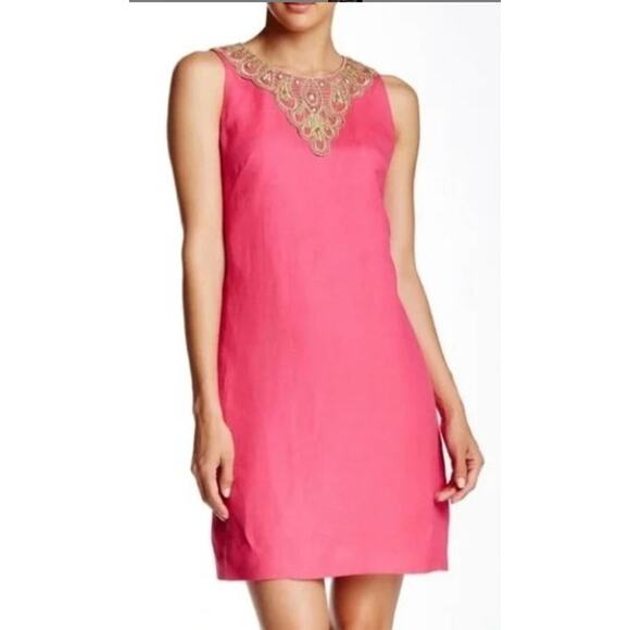 ELIZA J Hot Pink Linen Gold Lace Sleeveless Shift Dress Size 12 Preppy Party - Picture 9 of 10